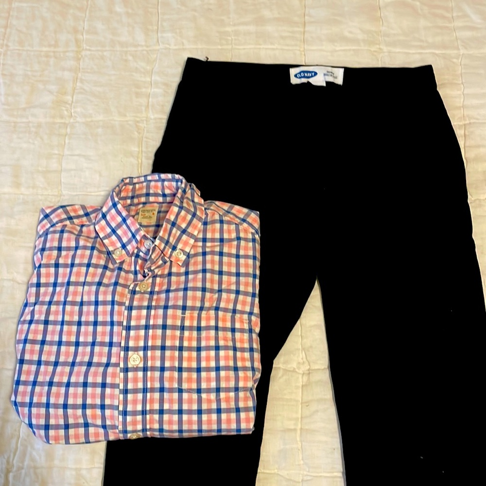 Bundle of boys plaid button-down shirt and skinny black pants